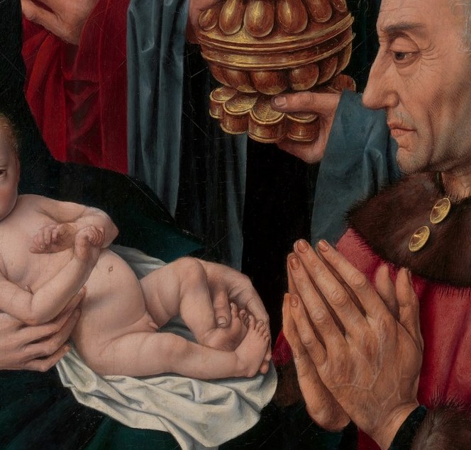 The most detailed face in the painting , deep-set eyes, lined skin, white beard , this elder king embodies reverent humility before the child.