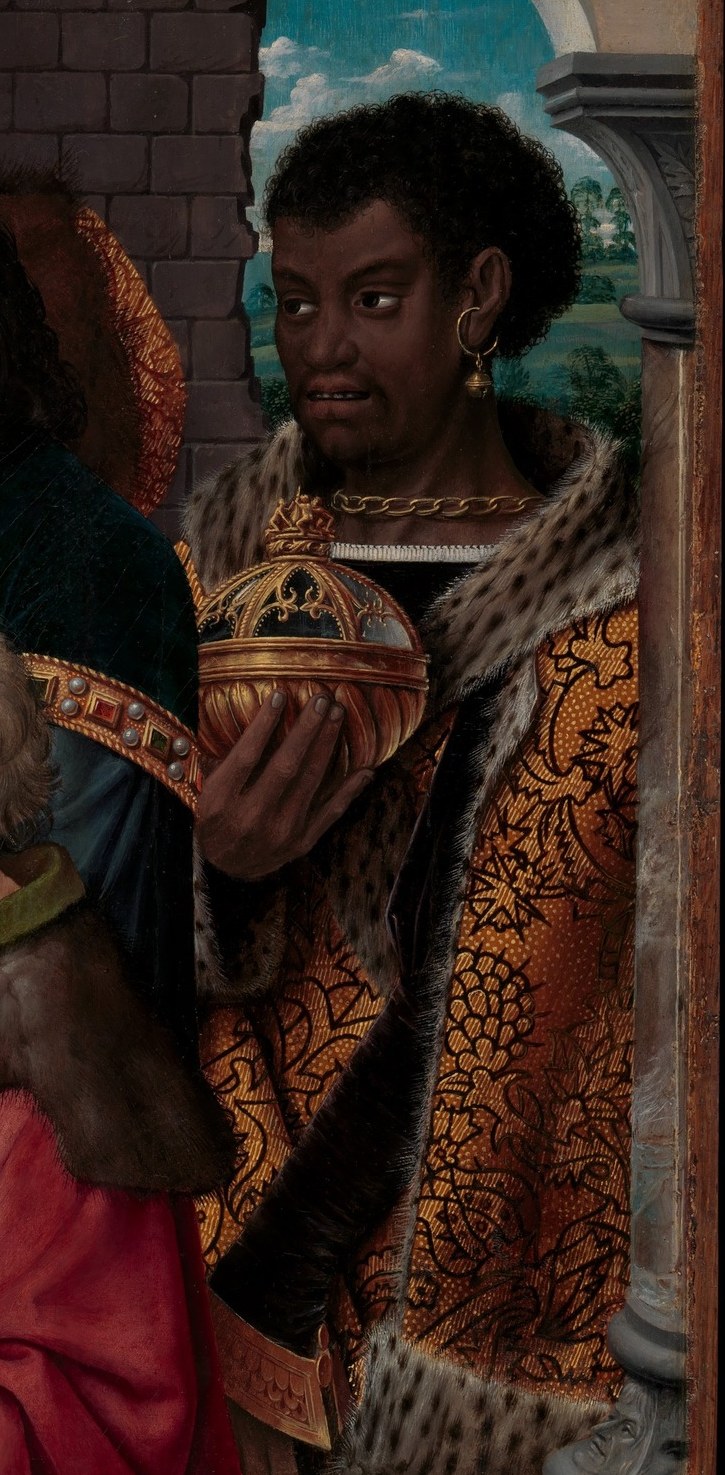 The inclusion of a Black Magus , standard iconography by 1500 , represents all corners of the known world bowing to Christ; his richly patterned robe repays close reading.