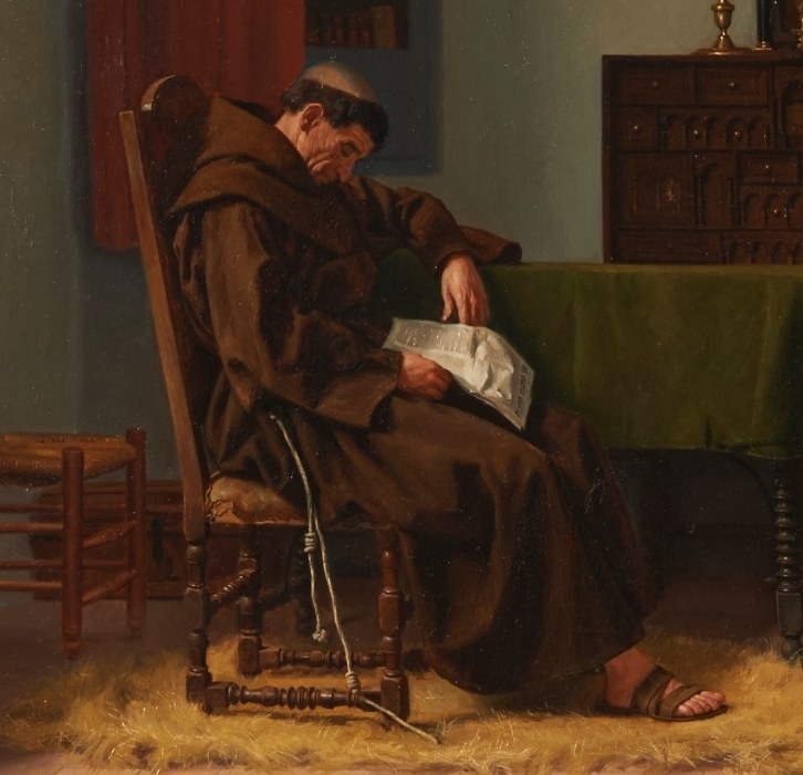 One monk rests, a paper still in his hand.