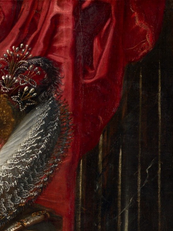 The warm red counterbalances the cool silver gown and frames the composition; it also implies an outdoor loggia setting , what remains of a garden background that subsequent trimming removed.