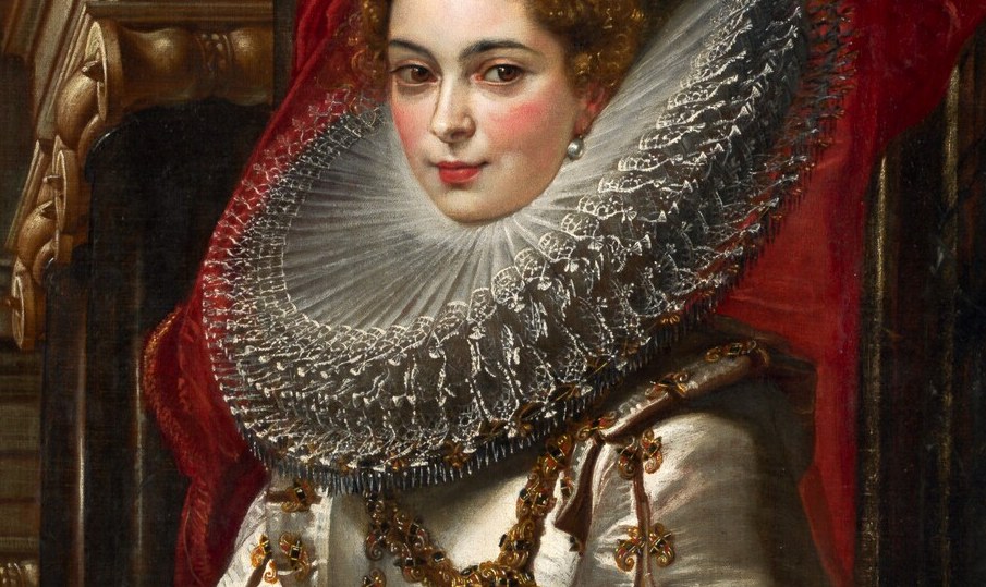 One of the most elaborate ruffs in Rubens's early portraiture; the stacked, starched pleats radiating around her neck telegraph extreme wealth and Spanish court fashion of 1606 , a social statement in linen.