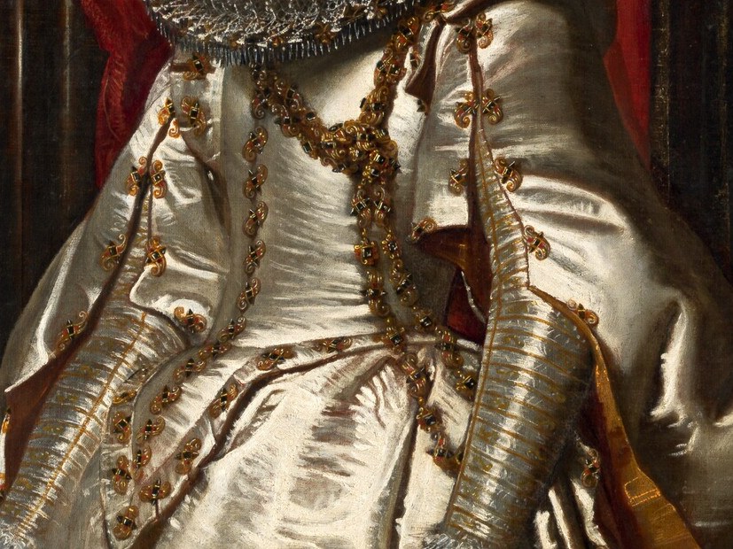 Rubens's virtuoso trick passage: the broken highlights on liquid silk convey the weight and sheen of expensive satin through broad, confident brushwork , a technical showpiece.