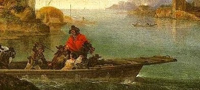 A busy ferry crosses the river, carrying people and animals.