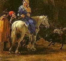 Her blue dress and confident posture suggest she is a figure of importance, perhaps a noblewoman.