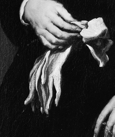 Her soft white glove, almost glowing, is painted with equal skill.