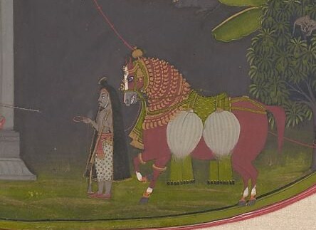 Anchors the rope at ground level and implies rank , only a nobleman rides such a distinctive mount; the waiting horse also signals the escape route once the tryst ends