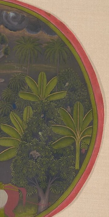 Background element sheltering sleeping peacocks returned to their nests , a classical Sanskrit poetic signal for deepest night; the vivid green against dark clouds is also a bold coloristic contrast