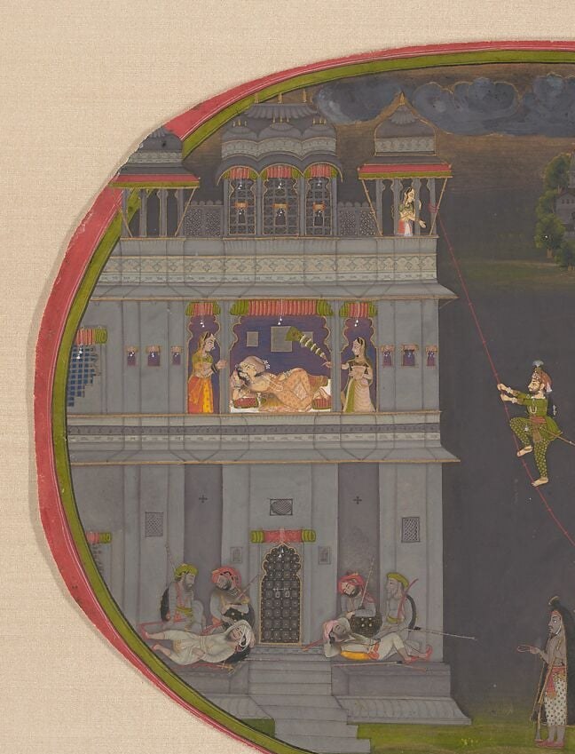 The defended walls are the literal obstacle the rope must overcome; the architectural detail is historically precise Rajput court construction, making this a document of real palace typology circa 1800