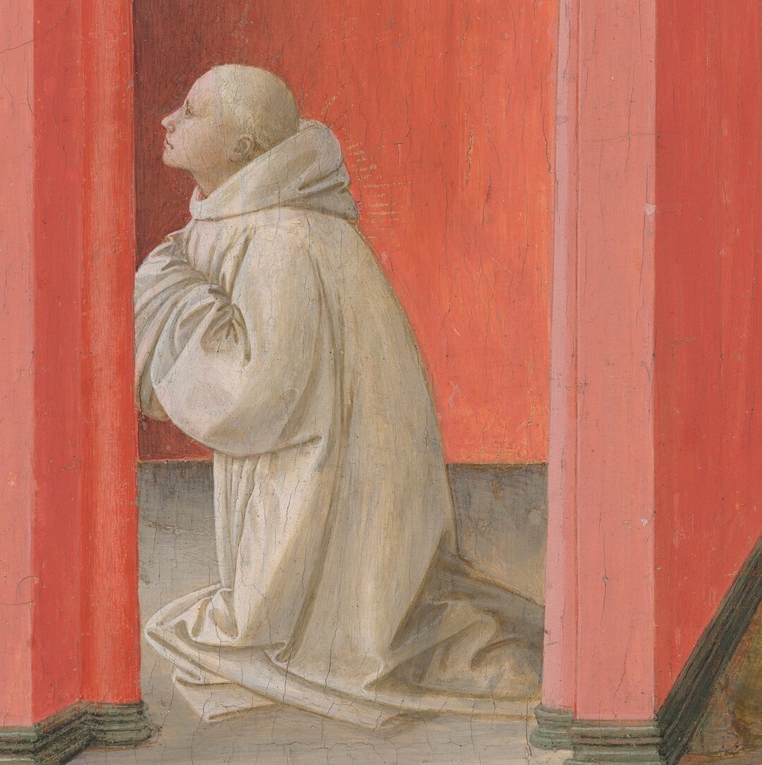 Maurus kneels in obedience, ready to act.