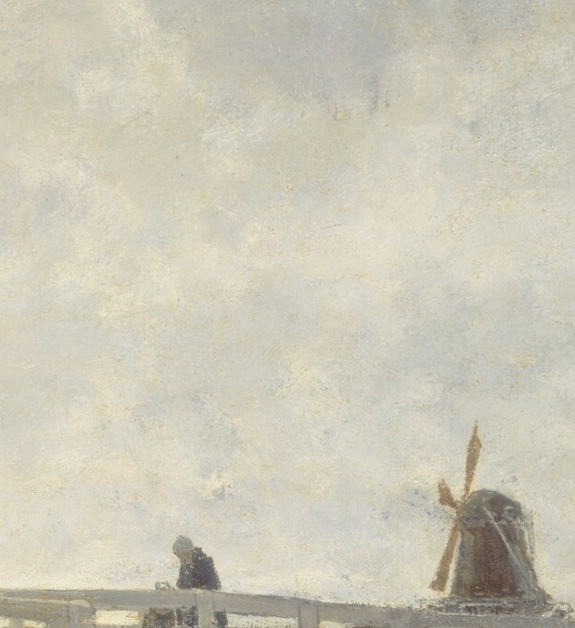 A secondary mill slightly smaller and further away establishes depth and reinforces the Dutch townscape; typical Hague School layering of similar motifs at different distances.
