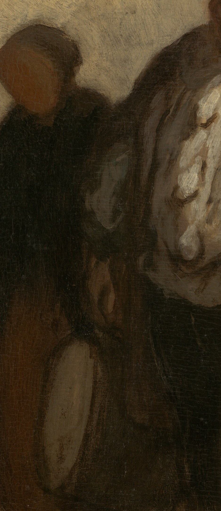 His posture, leaning slightly forward, suggests support or companionship for the main figure.