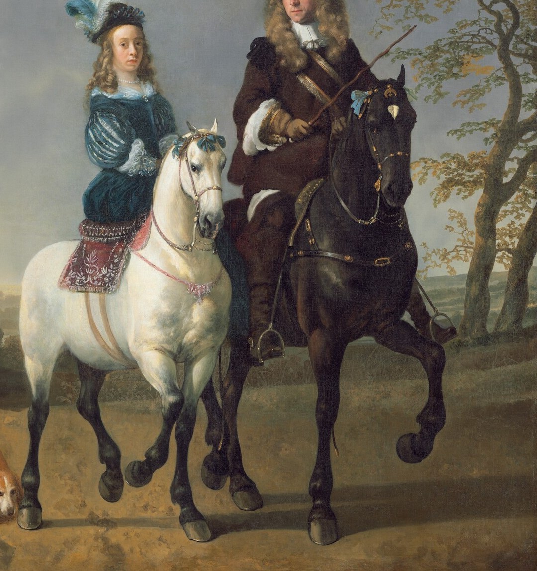 The dark horse creates a sharp tonal counterpoint to the white one , a deliberate chromatic pairing that makes each animal's silhouette pop against the other