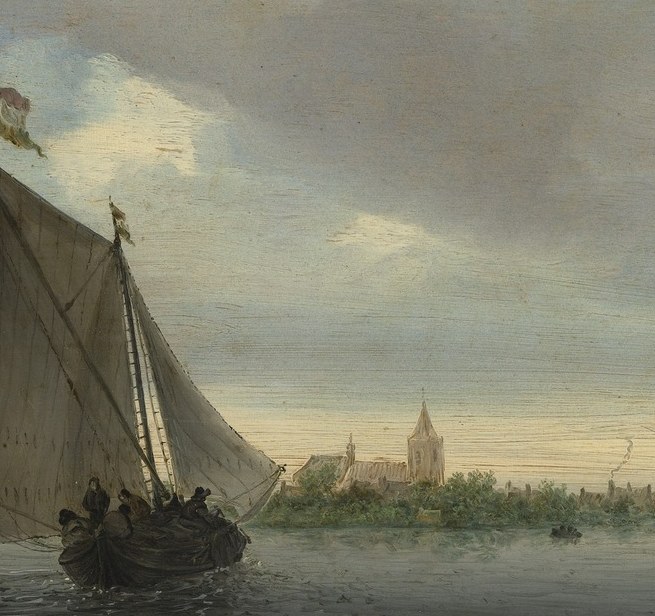 He captures the glint on the main ship's sail.