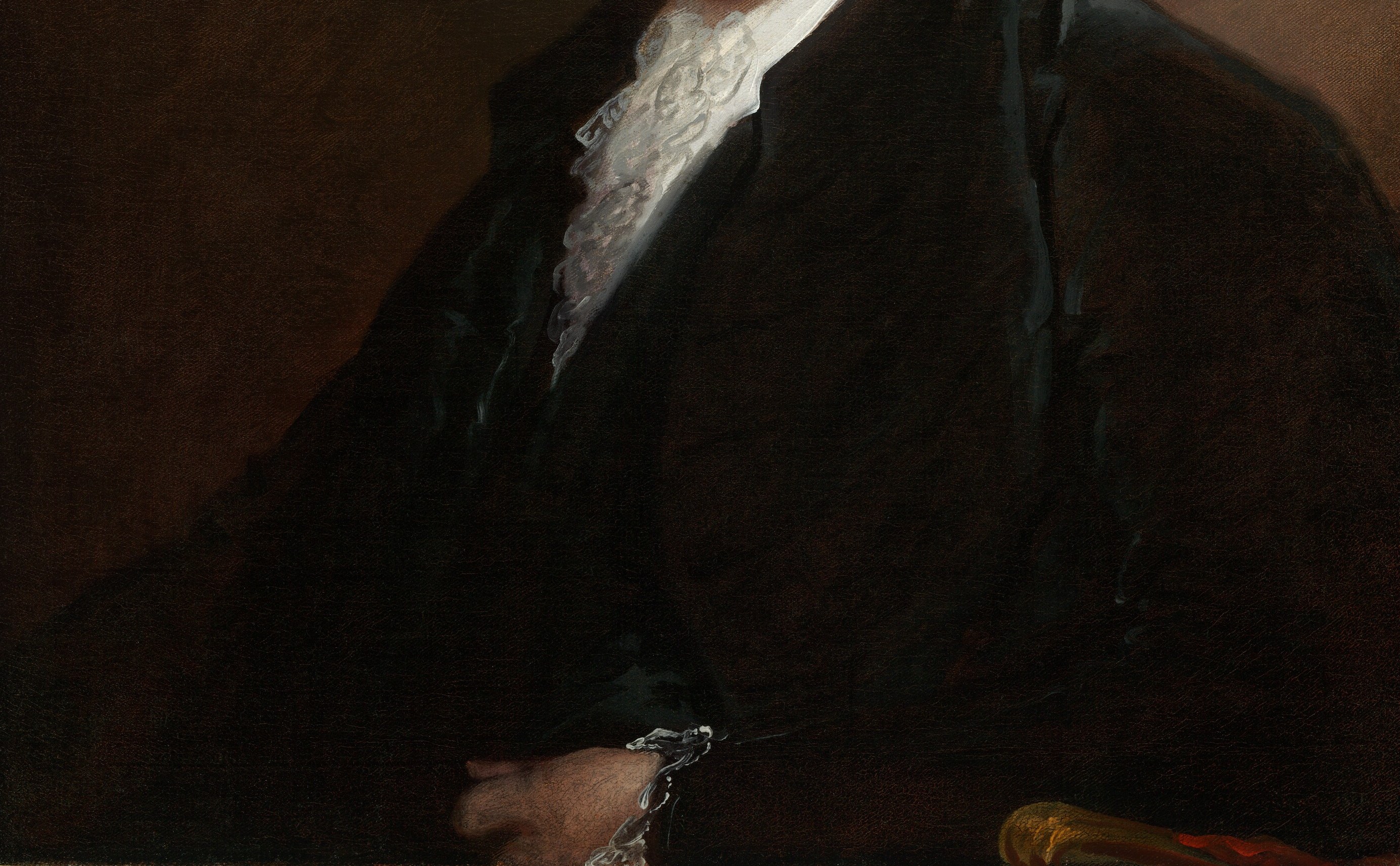 The near-black coat creates the contrast that makes the white hair and cravat luminous; Stuart's handling of dark fabric is characteristically economical , broad, confident strokes
