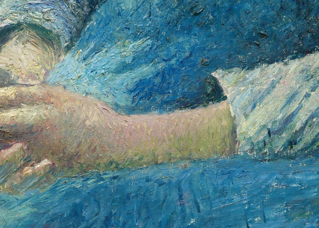 Hands that read as resting, not working , a small reversal of expectation for a peasant subject and a visual anchor at the base of the composition.
