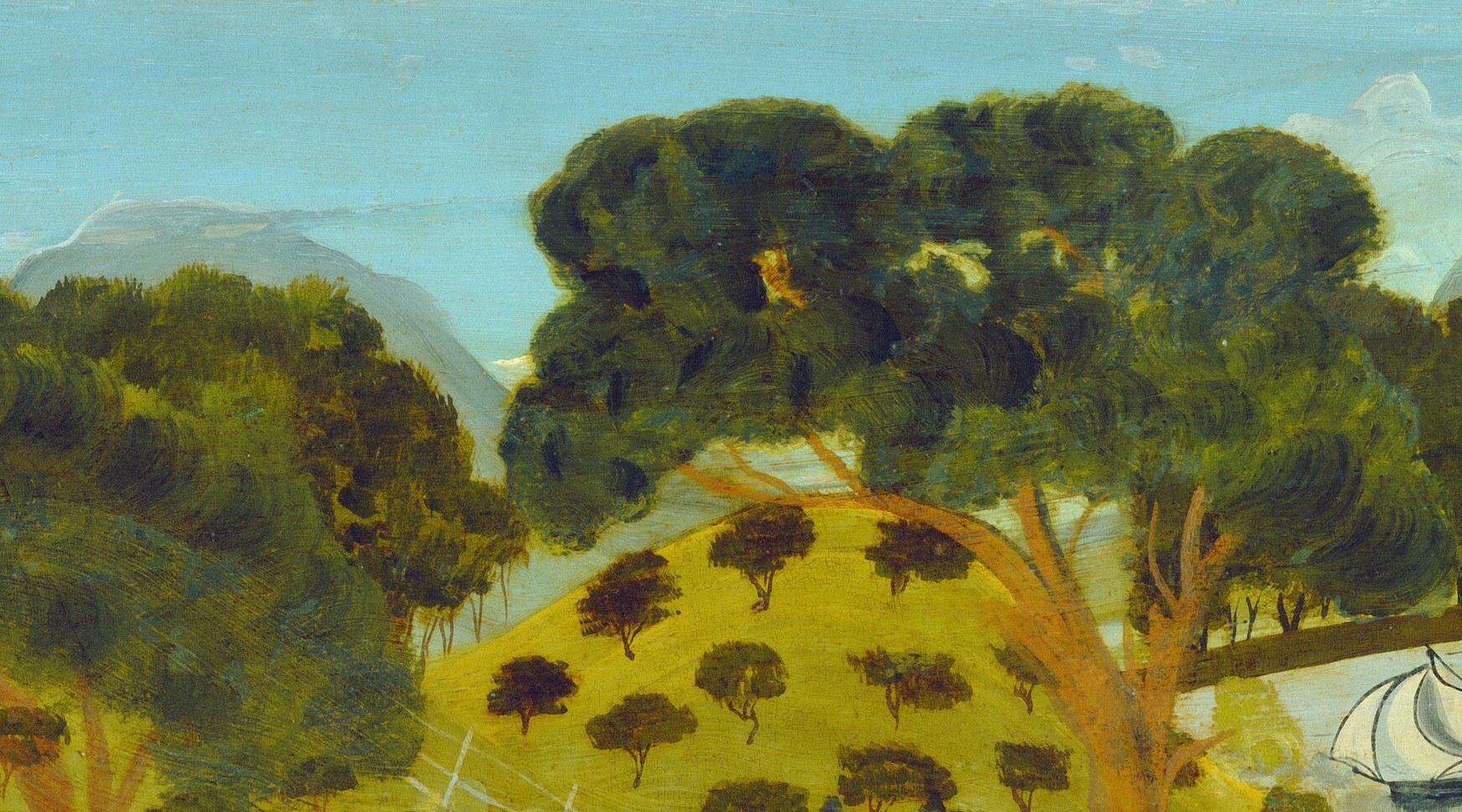 The trees occupy nearly half the canvas and are painted in a flat, folk-art manner with distinct rounded lobes , the naive technique here is the most legible stylistic fingerprint of the untrained artist.
