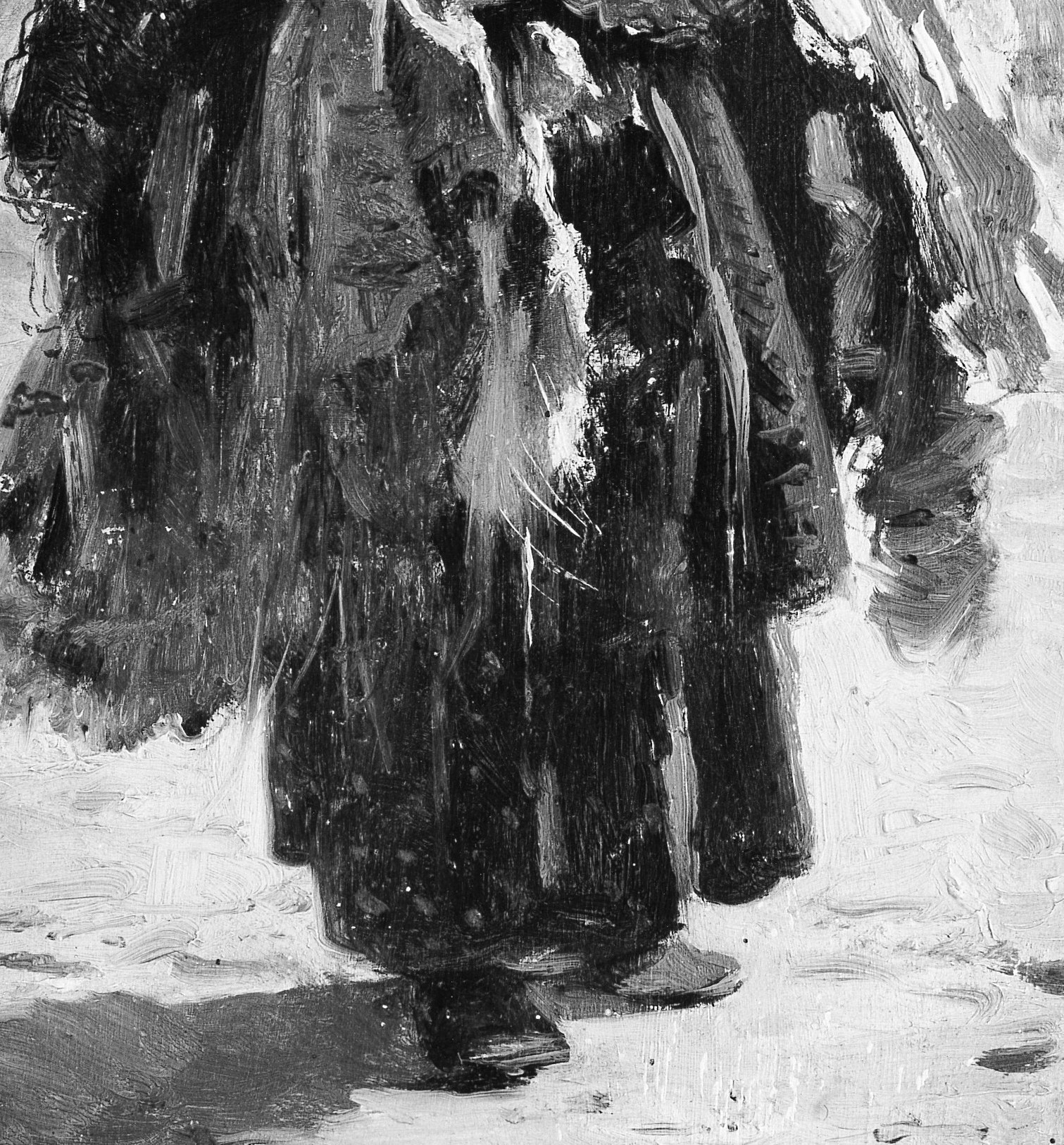 Her heavy, dark dress speaks of winter and hardship.