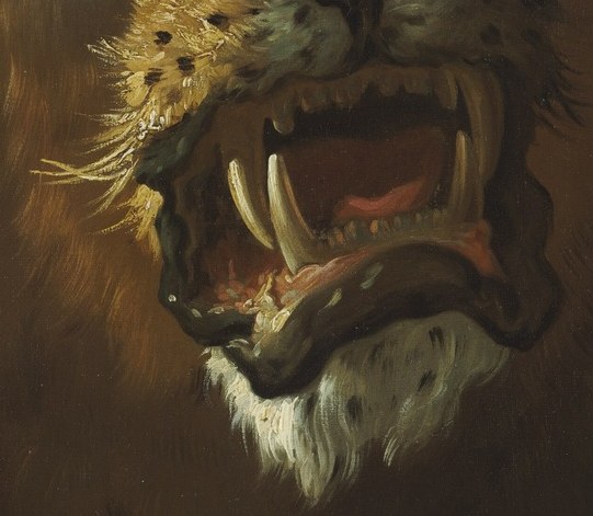 Its open mouth reveals sharp, fearsome teeth.