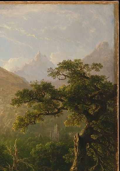 Classic Hudson River framing device, but also symbolic: the living oak beside grazing sheep against ruins frames mortality with ongoing organic life