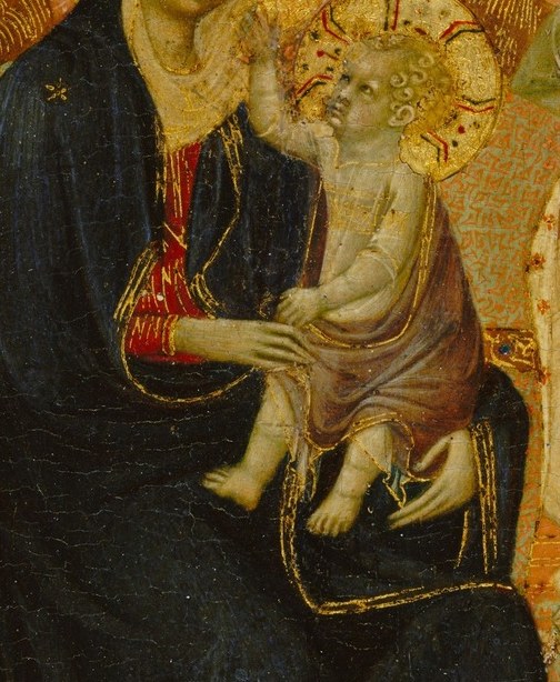 His frontal pose and likely blessing or scroll-holding gesture encode his dual nature as infant and sovereign judge