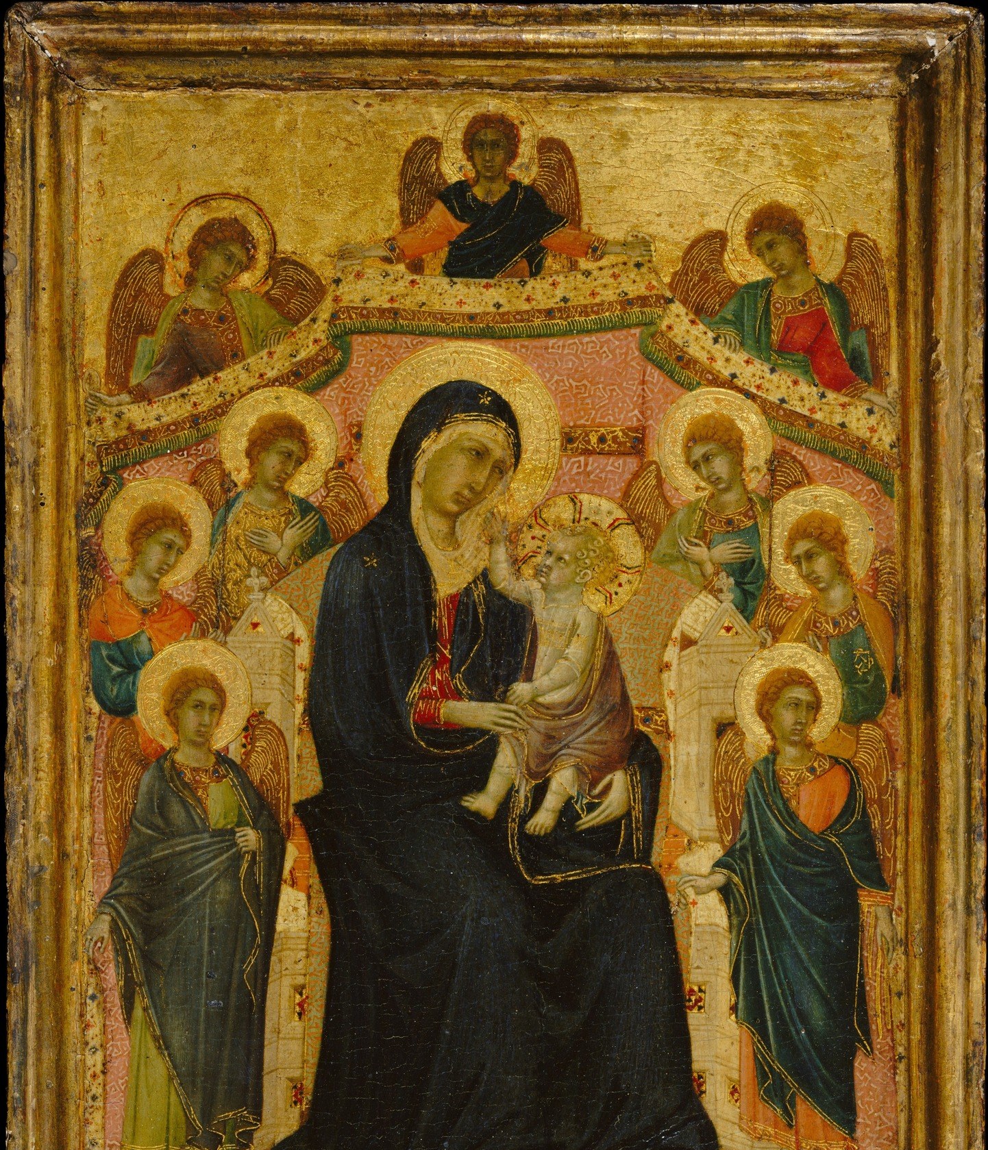 The flat gold background is not painted, it's gold leaf.