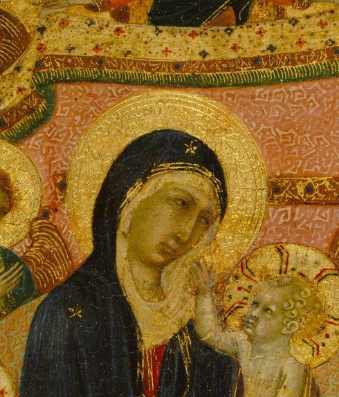 The gentle downward incline toward the Child is the emotional fulcrum of the entire image; Sienese painters refined this exact tilt for decades