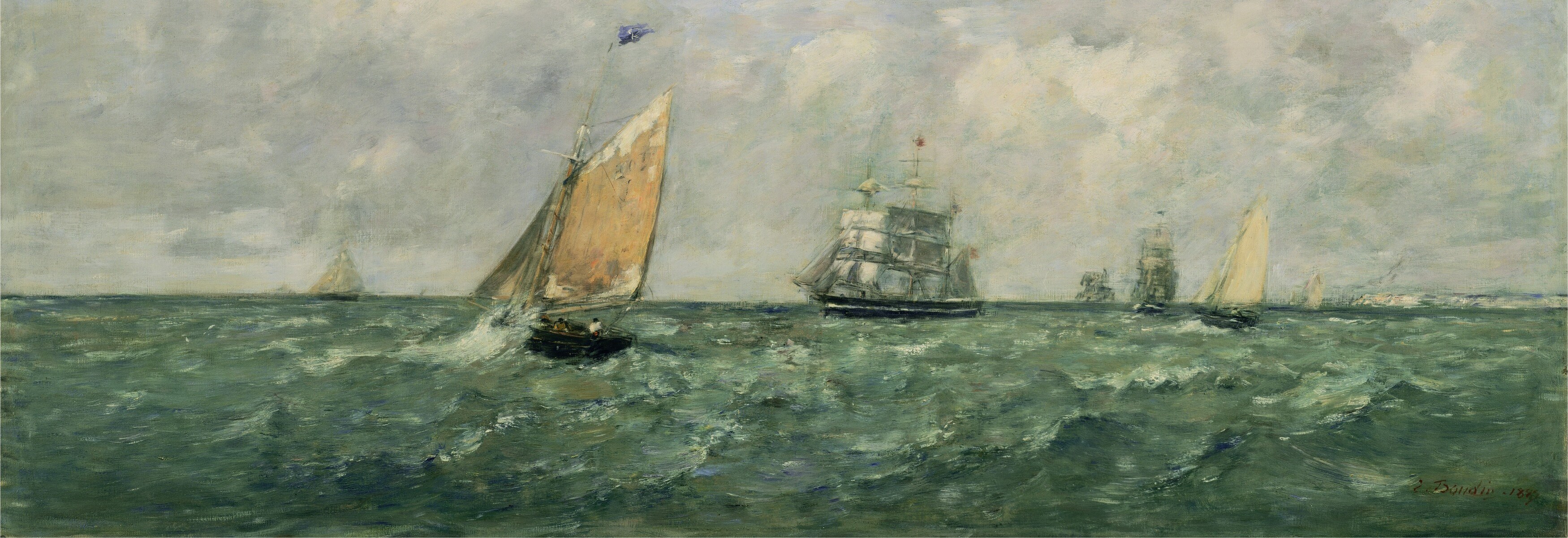Impressionist brushwork conveys lively wind-driven chop; the colour shift from dark olive-green foreground to pale silver-grey at the horizon demonstrates sophisticated aerial perspective in a plein-air tradition.
