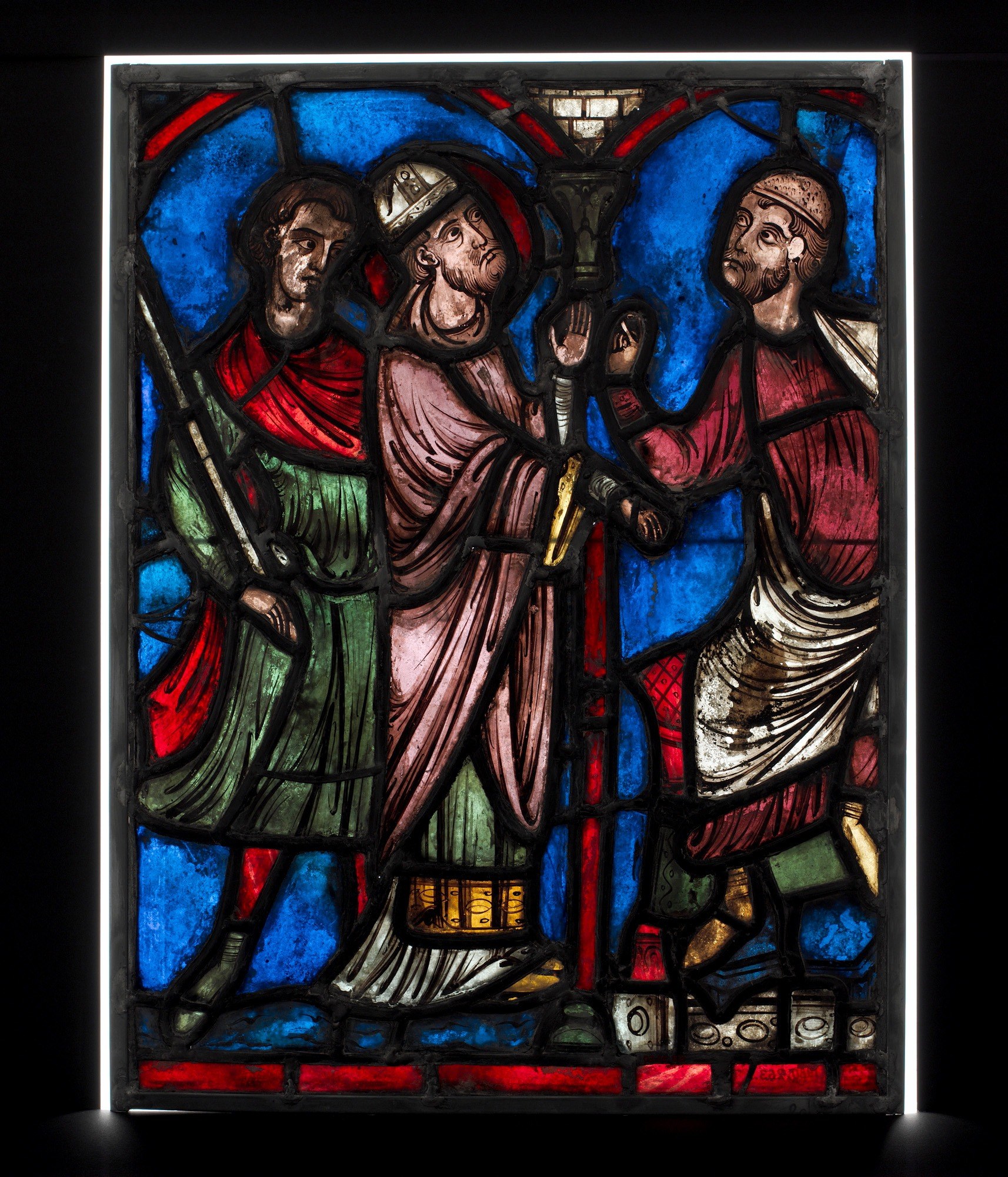 The black lead lines are not just structural , they function as drawing, outlining faces and folds with a graphic boldness that predates Gothic line drawing by decades.
