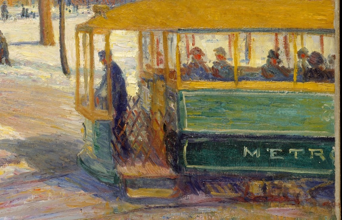 This vibrant green tram dominates a winter scene in Washington Square Park.