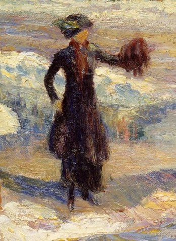 Her gesture and stance draw the eye, hinting at an interaction or a moment of contemplation amidst the snow.