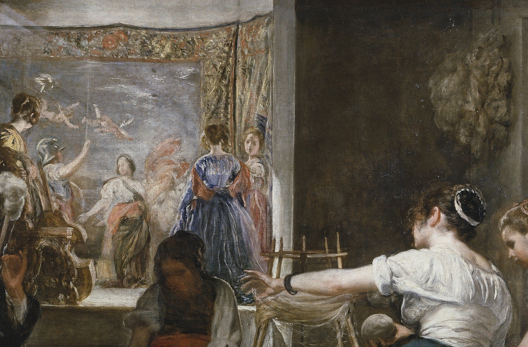 The painting's hidden narrative layer: the brightly lit 'stage' behind the workshop reveals the divine confrontation between Minerva and Arachne already underway, making the mundane foreground a prologue to mythological consequence.
