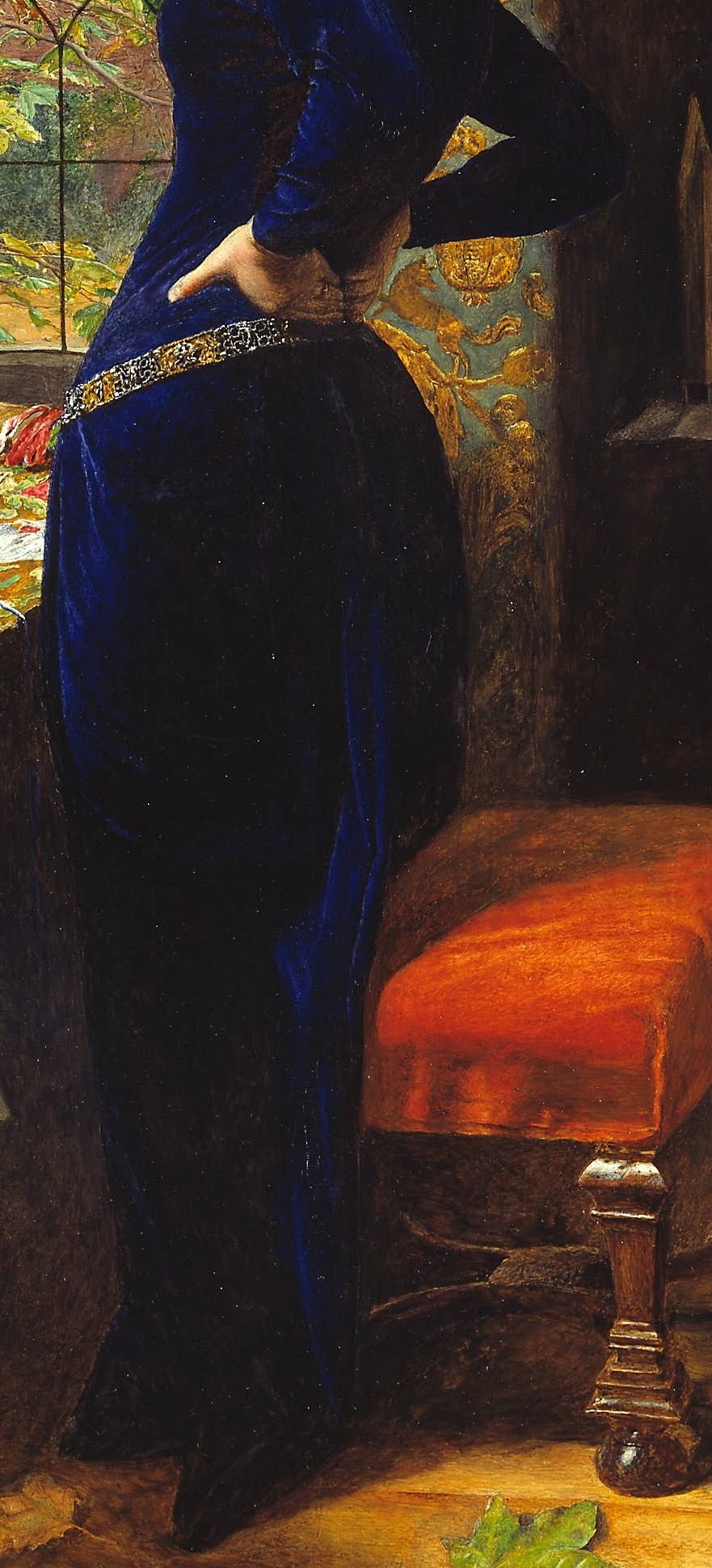 He painted every detail of her blue velvet dress with precision.