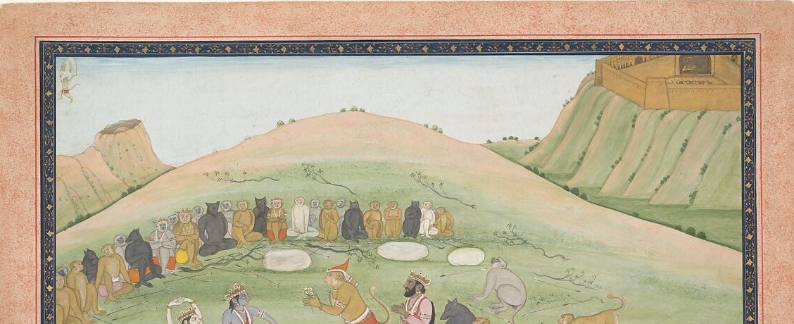 The stacked-horizon, poster-flat green hills are the signature Pahari compositional grammar , contrast with Mughal naturalism reveals the school instantly
