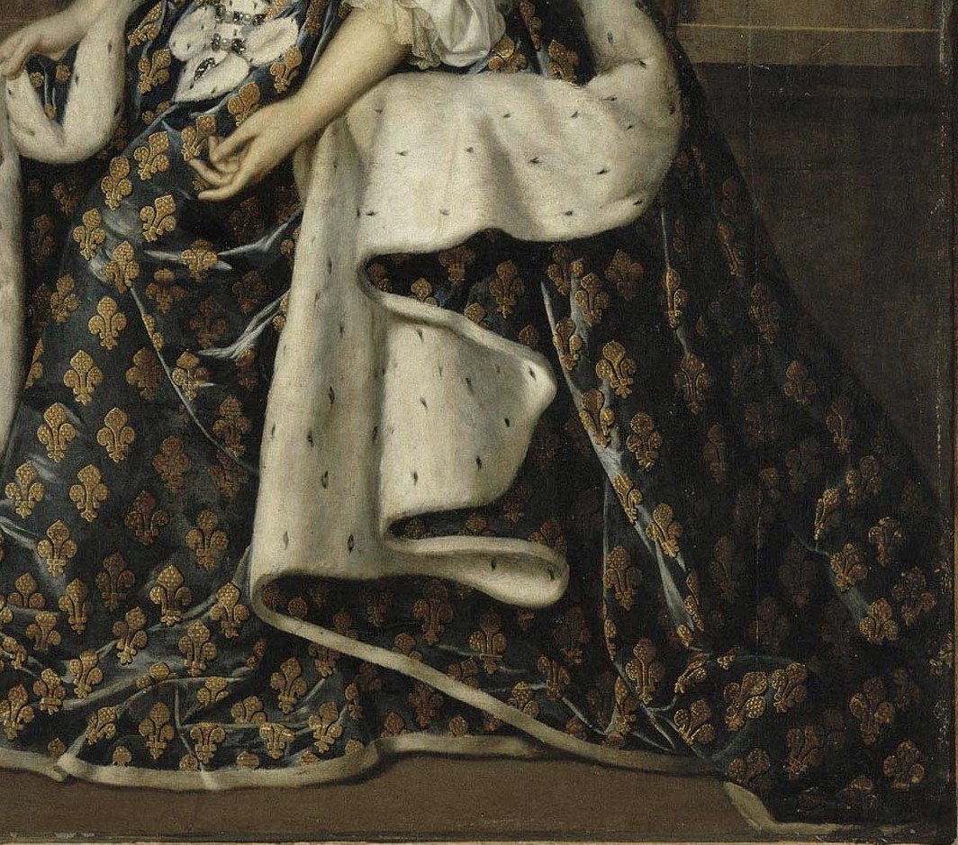 The intricate fleur-de-lis pattern on her gown is a rich visual texture and a symbol of French royalty.