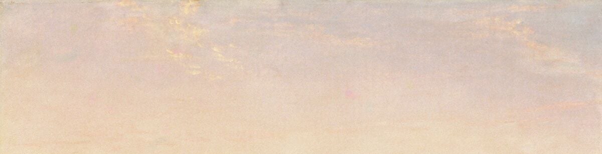 A roseate luminist sky that unifies the whole scene; the gradient from warm pink at center to cooler blue toward the left edge is a deliberate atmospheric perspective move, not a weather accident.