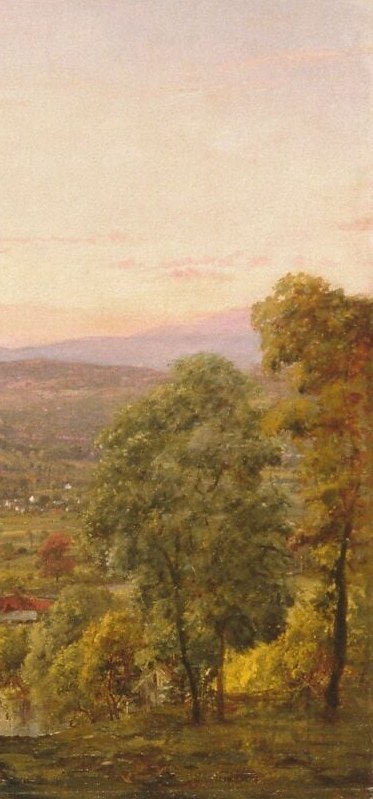 Balances the left frame; the tonal shift from orange-gold through olive-green traces seasonal change across a single afternoon's light, showing Cropsey's color modulation at work.
