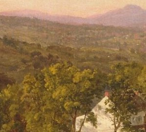 The sole prominent sign of human settlement in the middle ground; its bright white acts as a compositional anchor and signals civilizing of the wilderness that Hudson River School painters celebrated as moral progress.