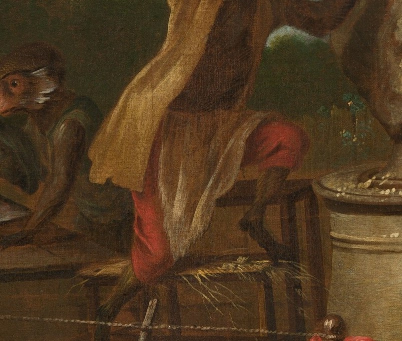 But the artists are monkeys, dressed in 18th-century clothes.