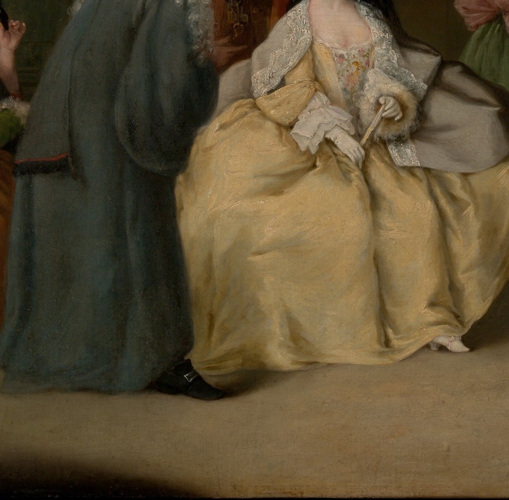 The dominant color note; the billowing skirt consumes the lower canvas and signals respectable bourgeois femininity, in ironic contrast with the morally compromised situation above it