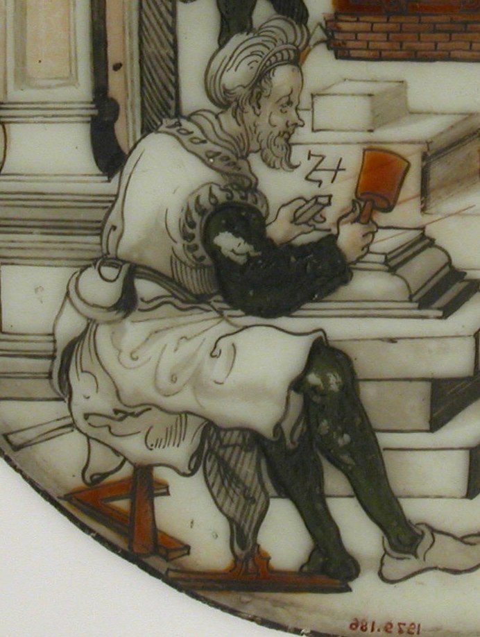 On one side, a scholar studies, holding tools of design.