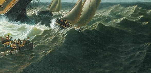 The turbulent water, rendered with dynamic brushstrokes, emphasizes the danger and chaos of the maritime disaster.