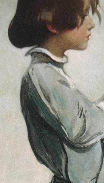 Her gaze is directed away, suggesting introspection or a focus on the flower she holds.