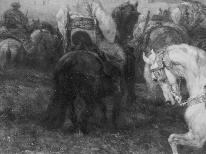 The artist meticulously depicted the horses' musculature and powerful strides.