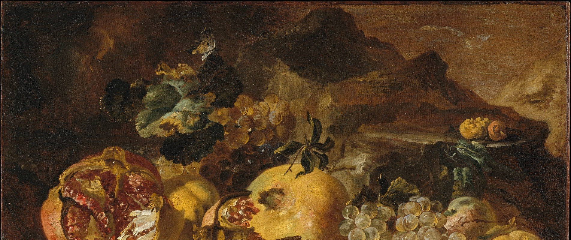 Unusually dramatic for a still life , positioning cultivated abundance against wild, stormy terrain creates an emblematic tension between civilization and nature.