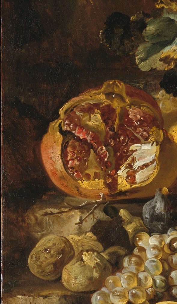 Counterbalances the central specimen; its intact skin shows the artist's ability to render the rough, leathery rind texture against the split interior beside it.