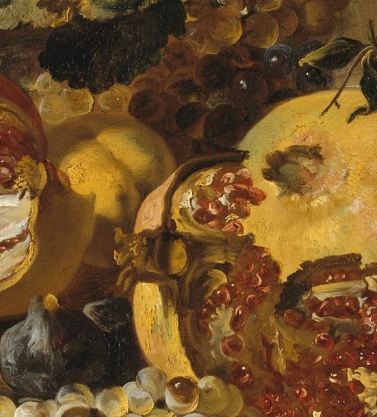 A camera close-up here reveals individual seeds gleaming like rubies , the densest concentration of saturated color in the entire painting.