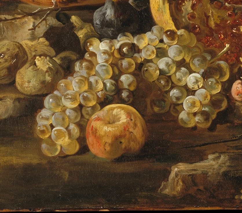 The most technically virtuosic passage , translucent spheres with individual bloom highlights, each grape a small exercise in depicting light through semi-transparent skin.