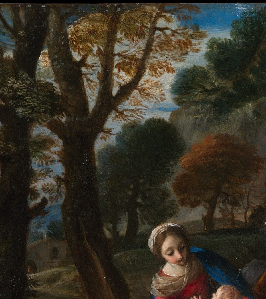 In the apocryphal legend the trees bend to offer fruit to the Holy Child; these towering forms thus carry latent narrative meaning beyond mere landscape backdrop.