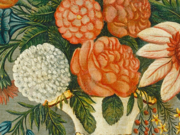 Every petal and fruit is painted with vibrant detail.