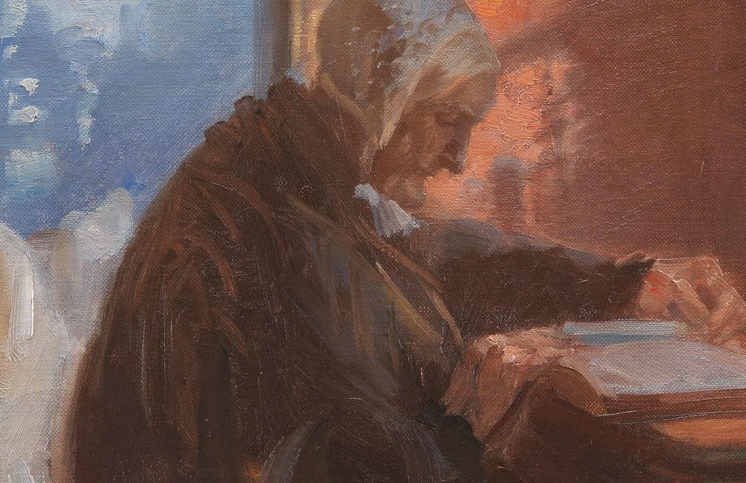 Her aged face, turned away, suggests introspection and a life lived, conveying a sense of quiet dignity.